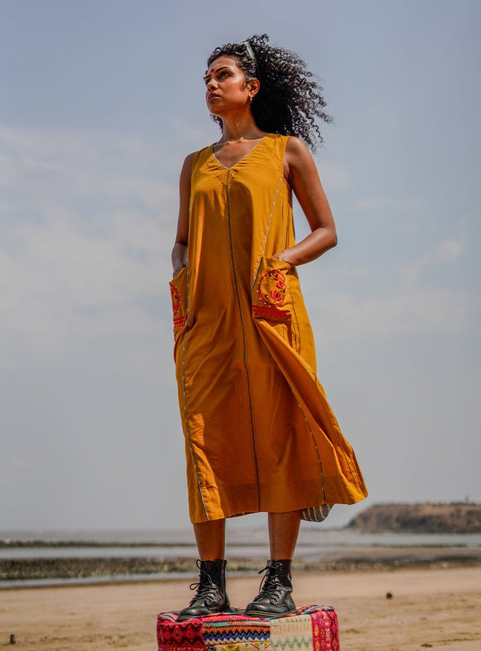 Sunshine Yellow Handloom Cotton A-Line Ziya Midi Dress