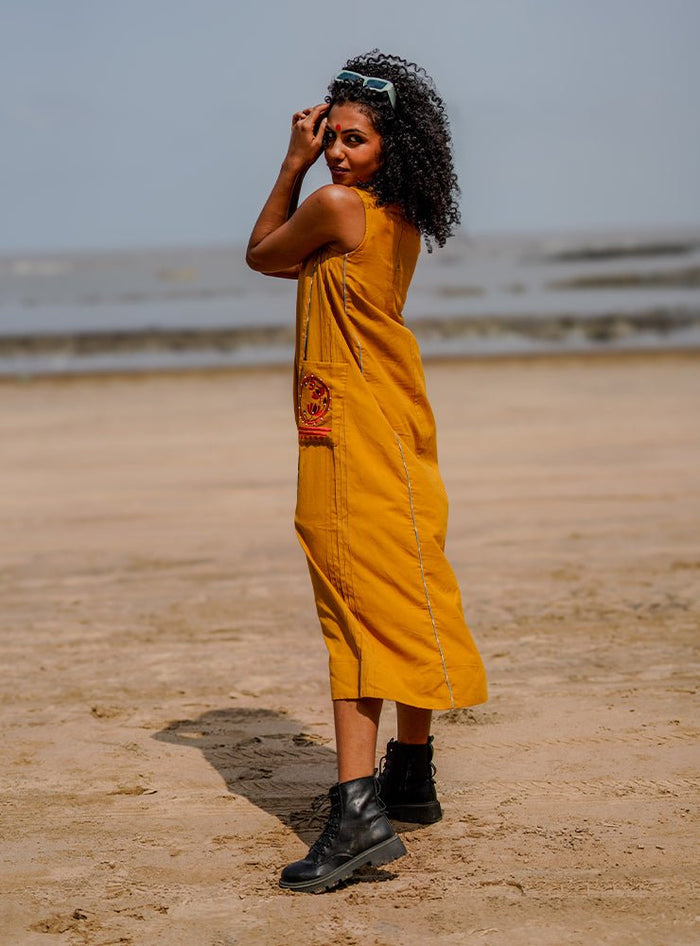 Sunshine Yellow Handloom Cotton A-Line Ziya Midi Dress thumbnail 3