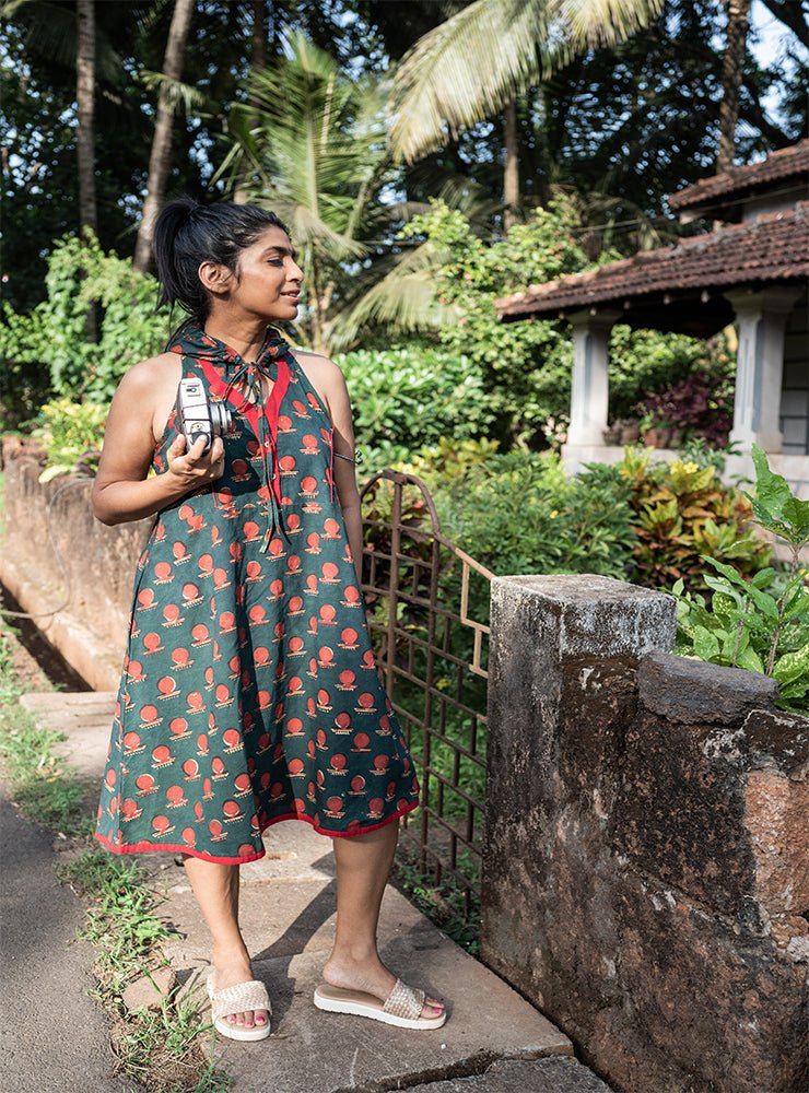 Bawra: Green Bindi Racer Back Dress:-PRATHAA