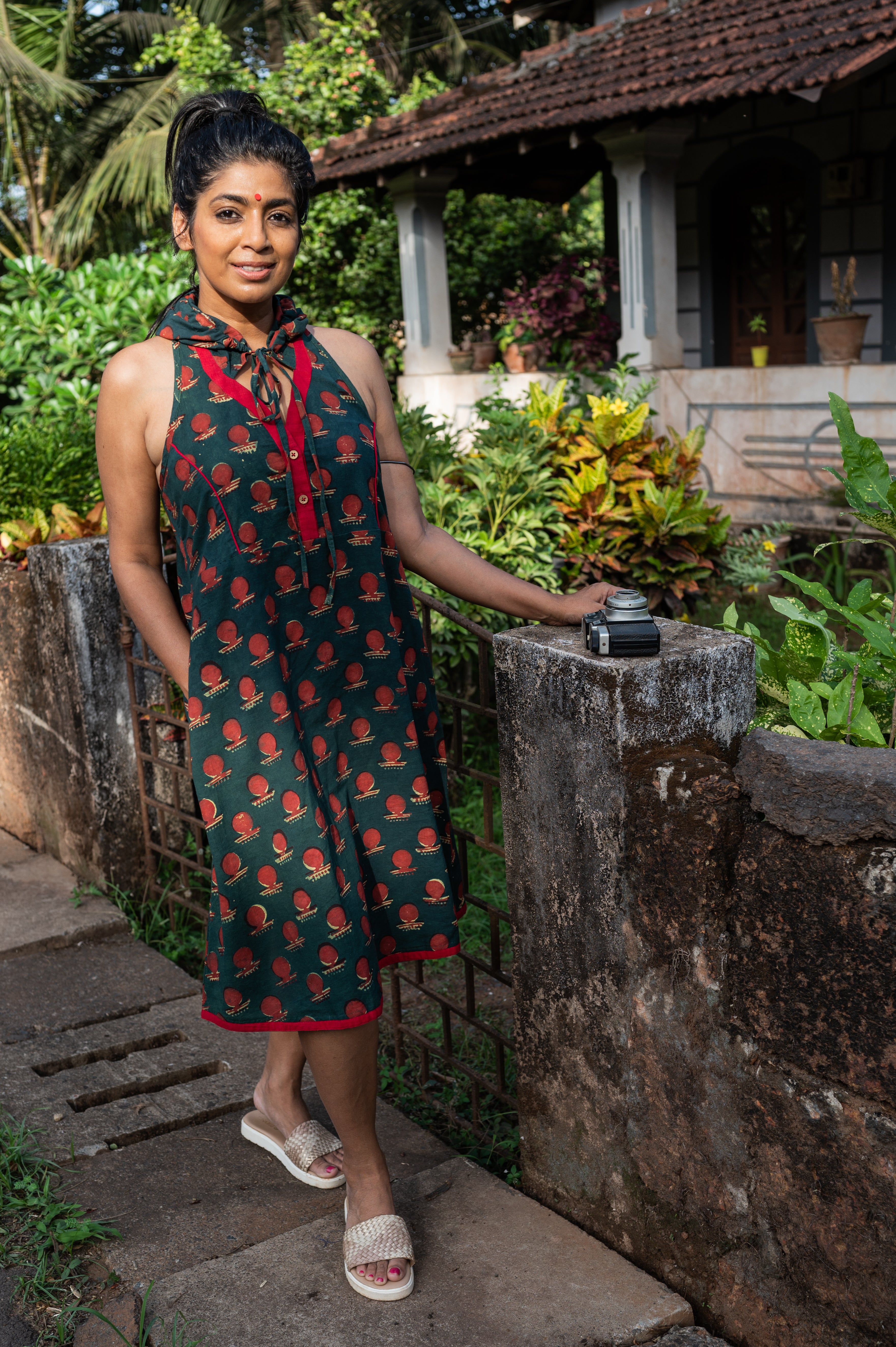 Bawra: Green Bindi Racer Back Dress:-PRATHAA