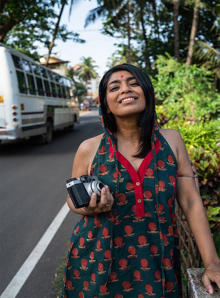 Bawra: Green Bindi Racer Back Dress:-PRATHAA