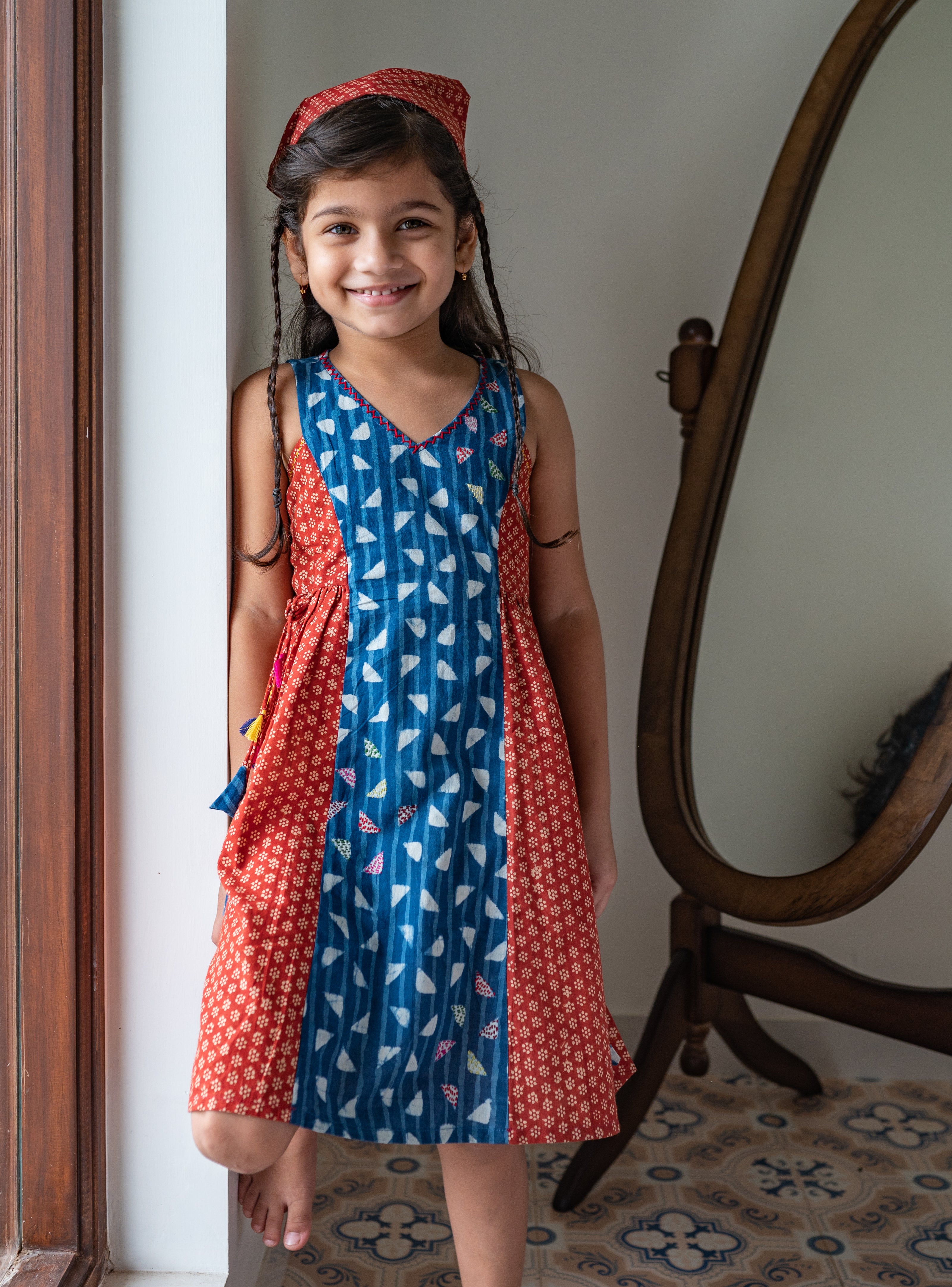 Indigo and Rust Red Cotton Kids Frock