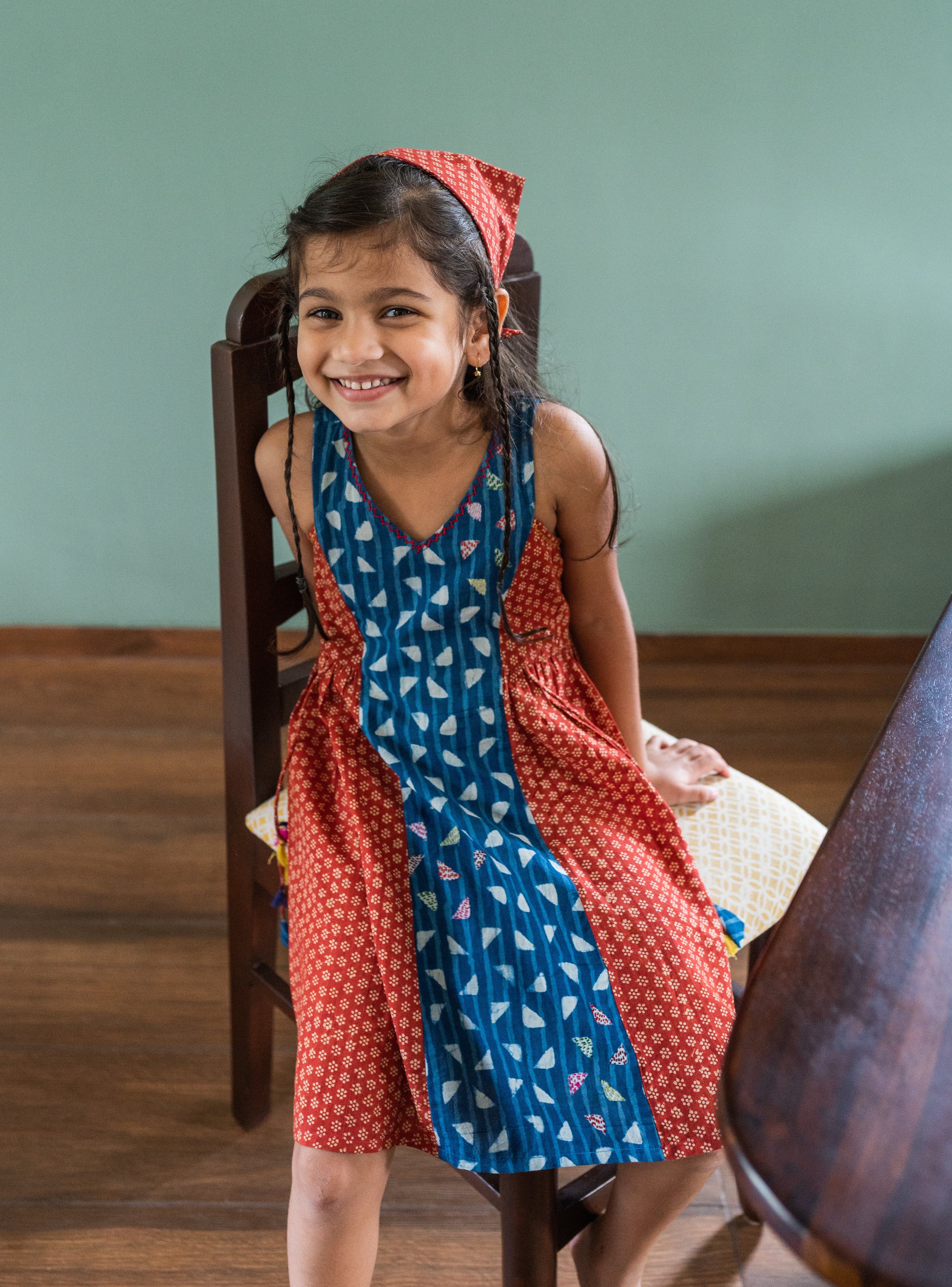 Indigo and Rust Red Cotton Kids Frock thumbnail 3