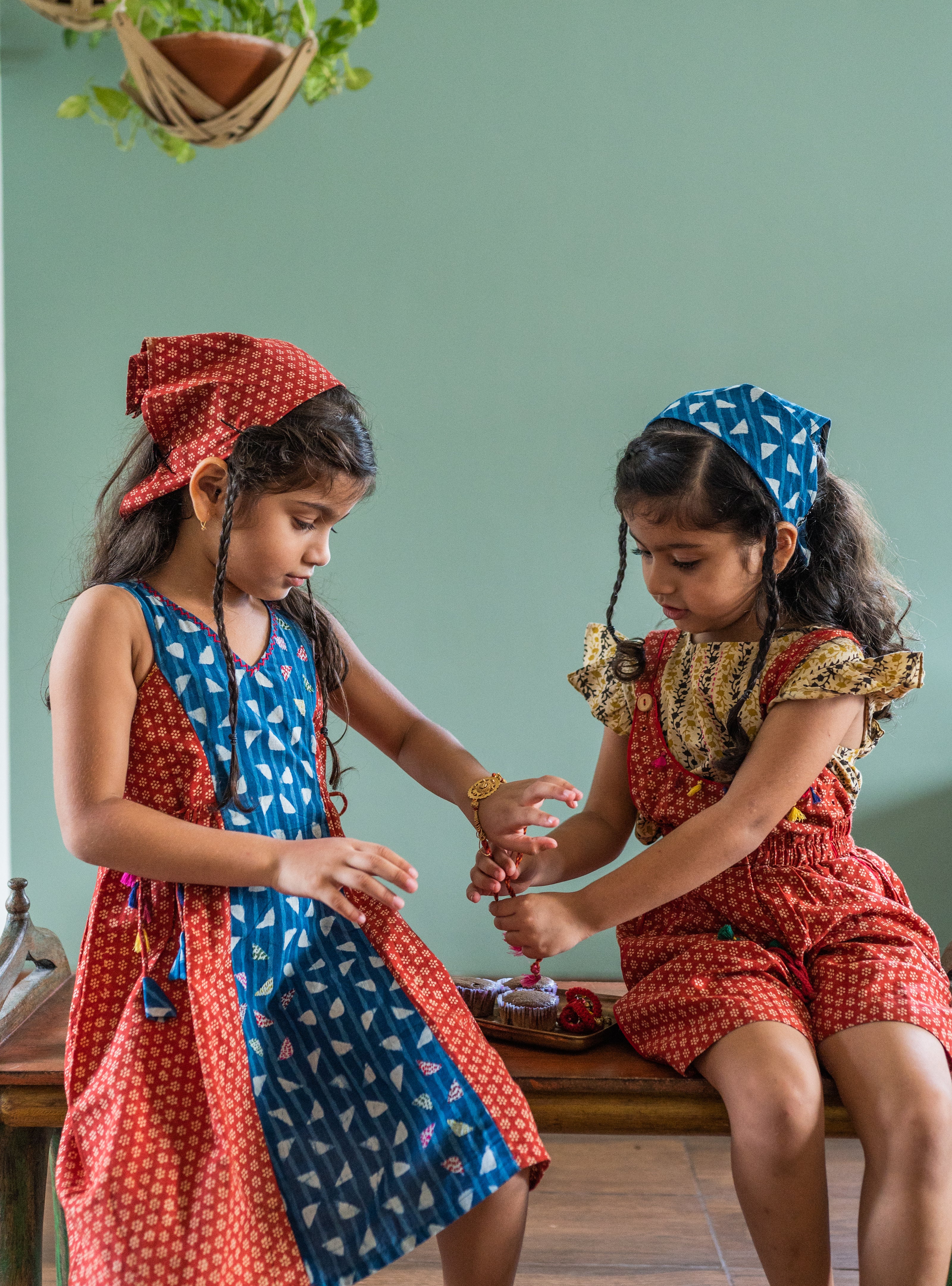 Indigo and Rust Red Cotton Kids Frock thumbnail 2