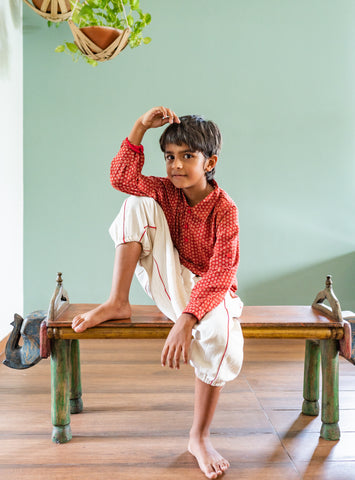NATKHAT:- Red Bagru Handloom Dhoti Kurta Set for Kids | Prathaa