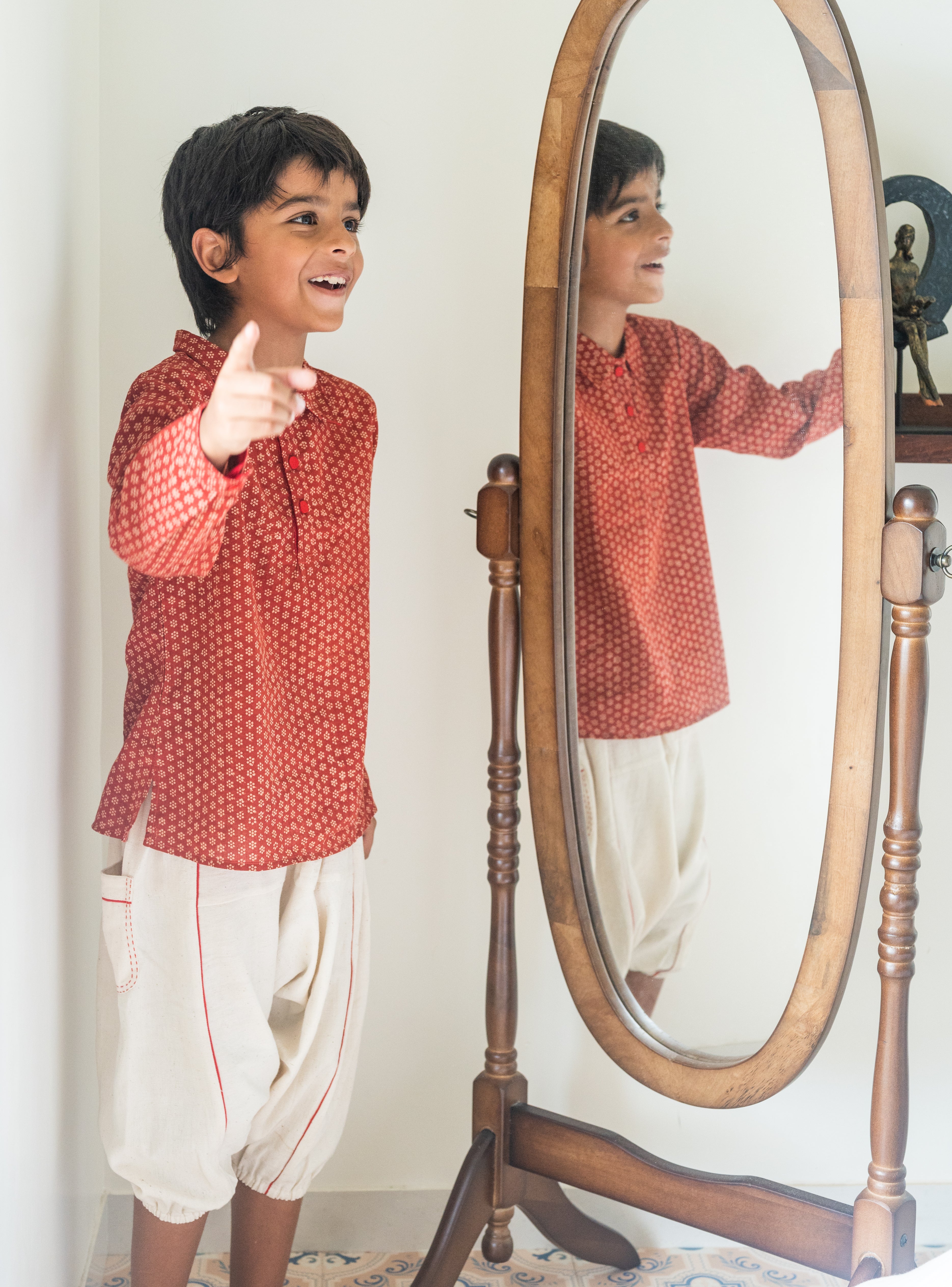 NATKHAT:- Red Kurta with White dhoti | Handloom Kala Cotton Kids wear