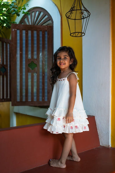 SHVET KIDS- White Frill top | Jamdani Fabric | Handloom Cotton | Prathaa