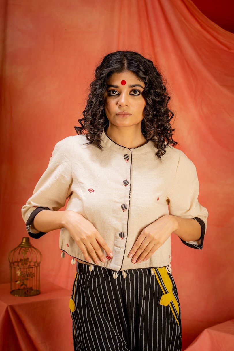 Saanjh- Short jacket with Sleeves | Kotpad Handloom Jacket | Prathaa