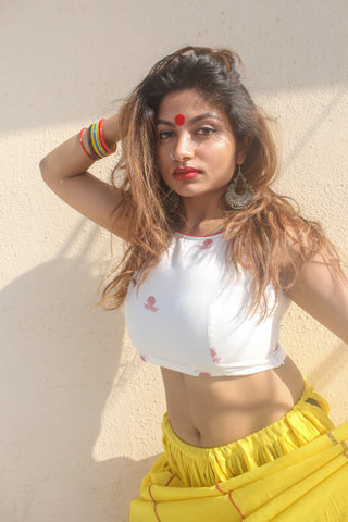 Blouse - White Sleeveless Blouse with Bindi Motifs And Back Detailing - Prathaa