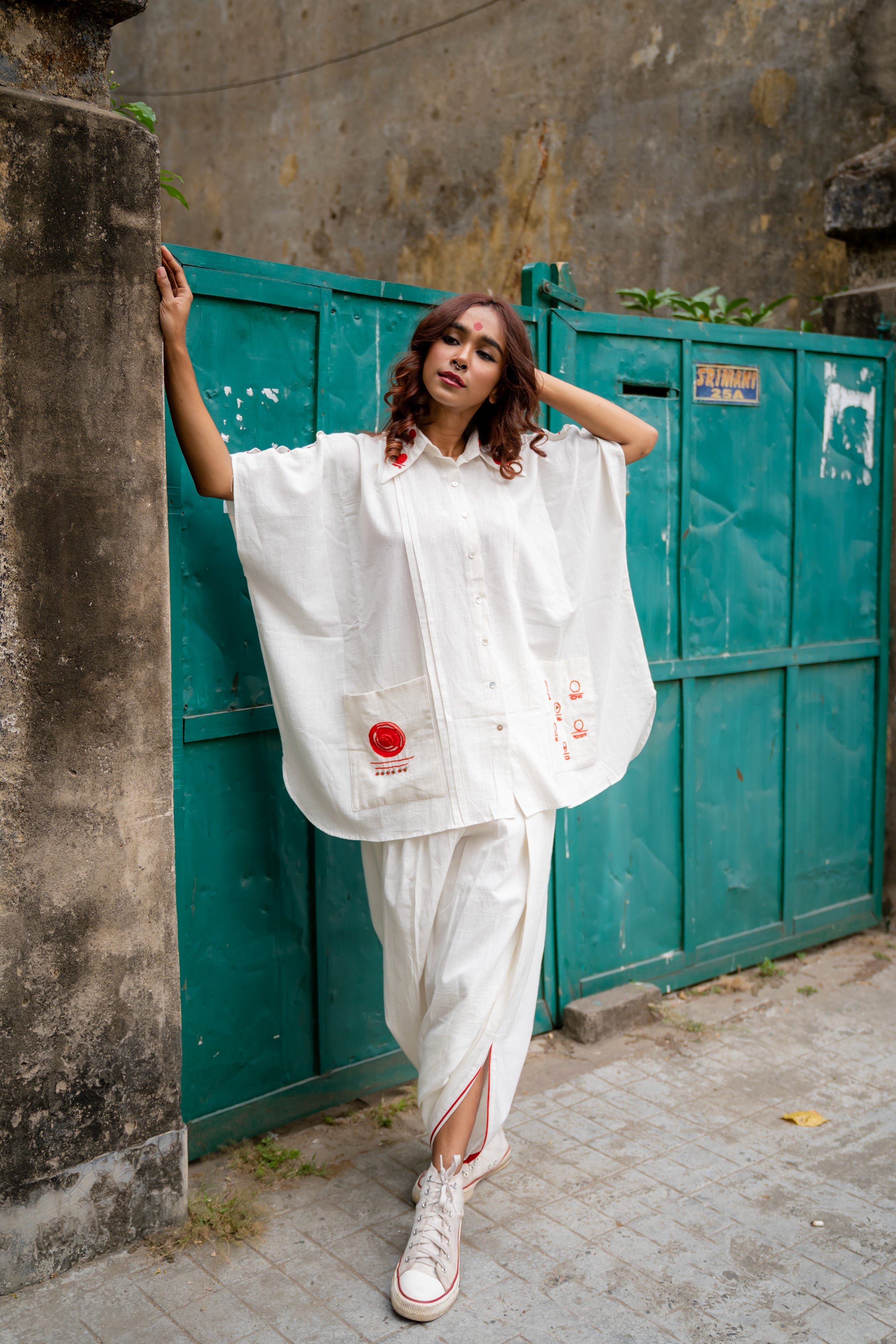 White handloom cotton Shvet kaftan shirt from Prathaa