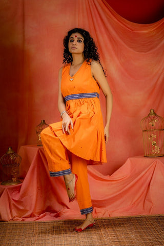 Saanjh- Kotpad Orange Straight Handloom Cotton pants with borders, Prathaa 