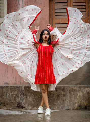 Debi - Jamdani Three Tier Flare Dress with Red Shift Dress | navratri outfits | white flare dress