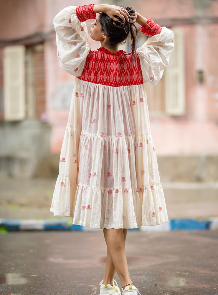 Debi - Jamdani Three Tier Flare Dress with Red Shift Dress | midi flare dress | navratri clothes