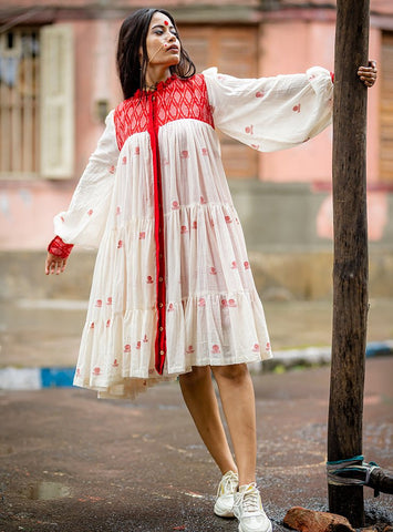 Debi - Jamdani Three Tier Flare Dress with Red Shift Dress | festival wear women | fit and flare occasion dress