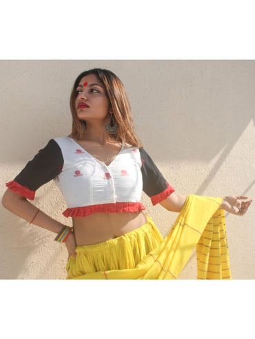 Blouse - White And Black Princess Cut Blouse with Pleats in Jamdani Fabric - Prathaa