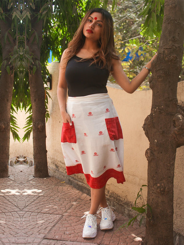Bottom - White A-line Bindi Motif Skirt With Red Handloom Pockets - Prathaa