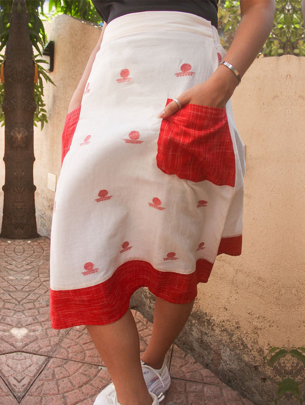 Bottom - White A-line Bindi Motif Skirt With Red Handloom Pockets - Prathaa