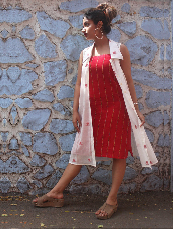 Dress - White Shirt Dress With Bindi Motifs and Red Khesh Slip - Prathaa