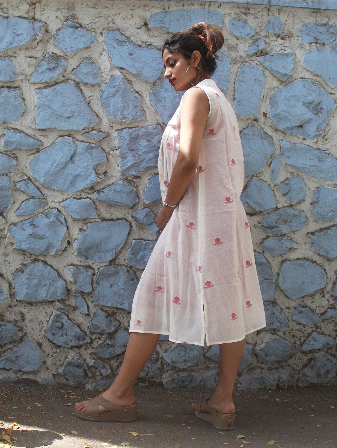 Dress - White Shirt Dress With Bindi Motifs and Red Khesh Slip - Prathaa