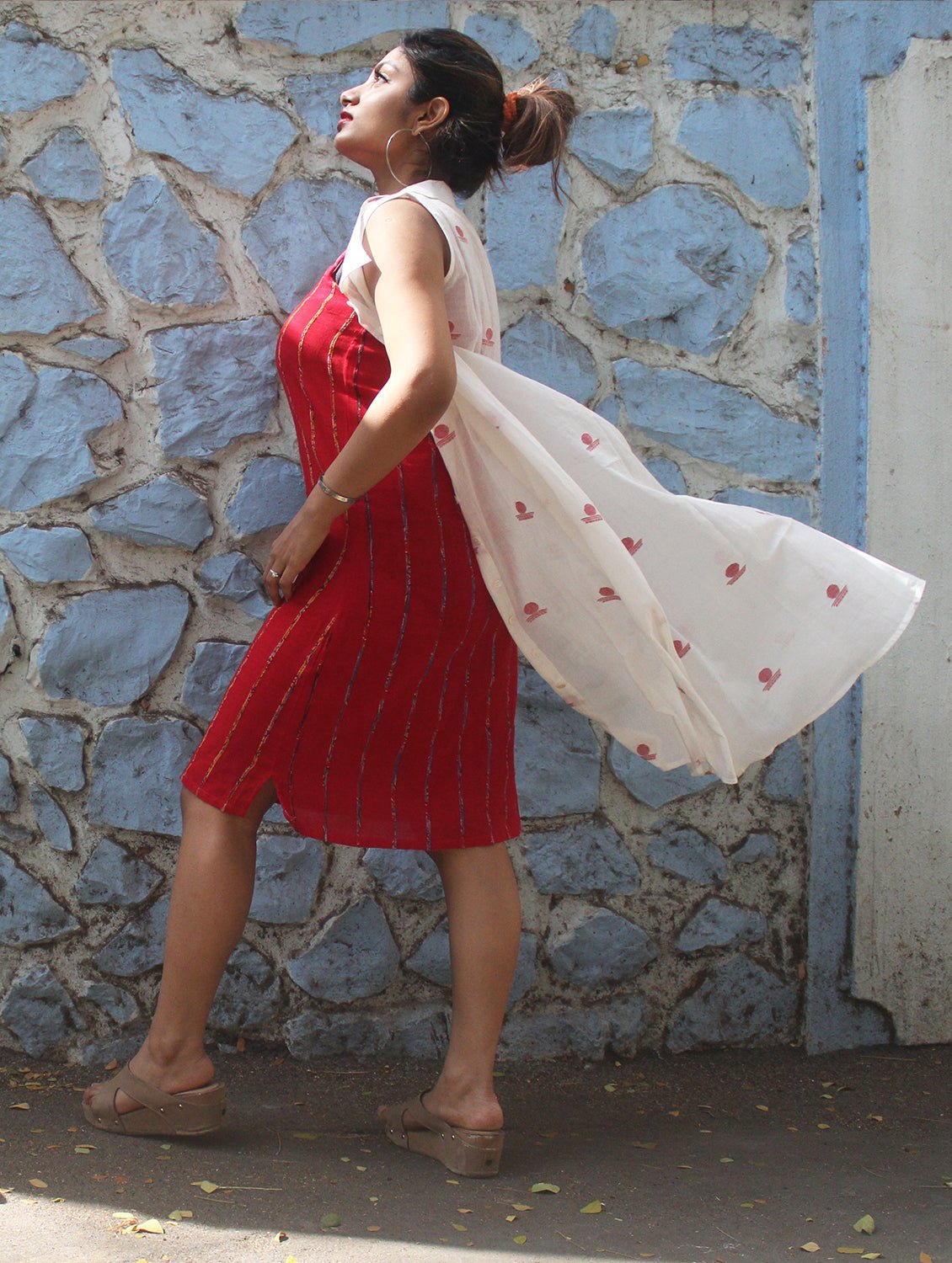 Dress - White Shirt Dress With Bindi Motifs and Red Khesh Slip - Prathaa