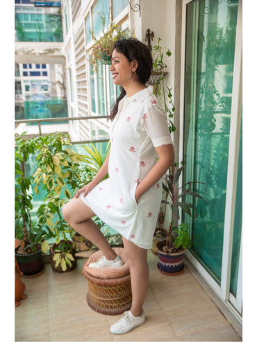 Dress - White Bindi Shirt Dress in Jamdani Fabric - Prathaa