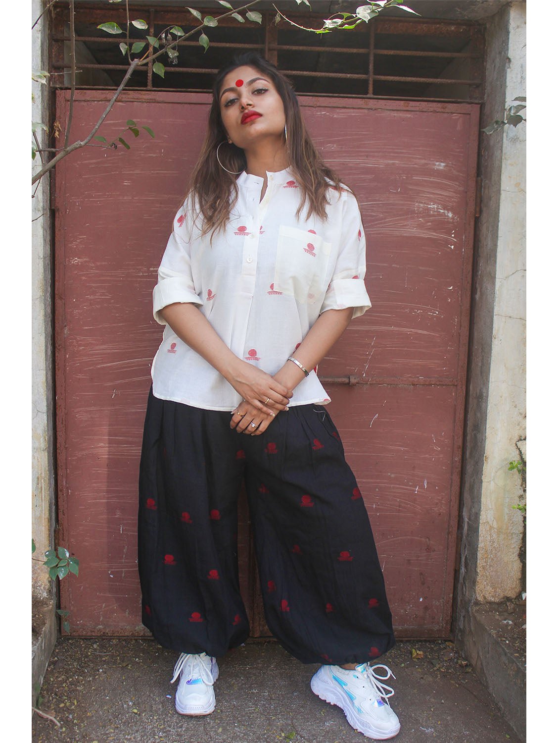 Top - White Anti-Fit Apple Cut Shirt With Bindi Motifs - Prathaa