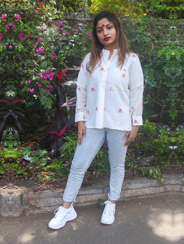 Top - White Anti-Fit Apple Cut Shirt With Bindi Motifs - Prathaa