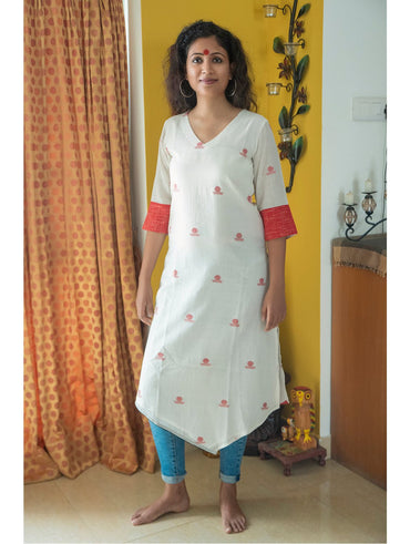 Tunic - White Asymmetrical Tunic In Jamdani Fabric - Prathaa | jamdani top | festival dress for women