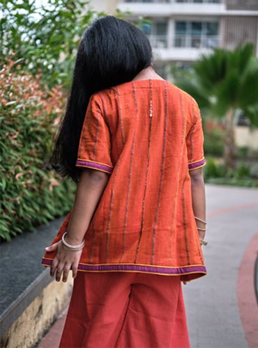 Kids Orange Khesh Overlapped Kurti - Prathaa - weaving traditions