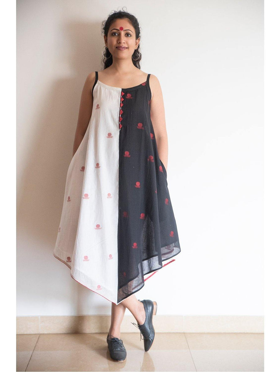 Black and White Asymmetric Jamdani Cotton Dress with Bindi Motif