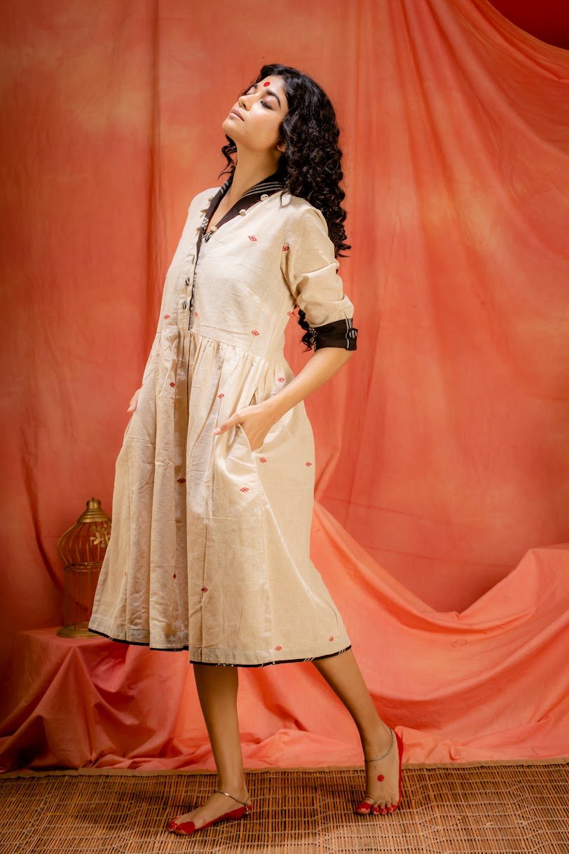 Saanjh- Shawl collar Dress | Kotpad Handloom Dress | Prathaa