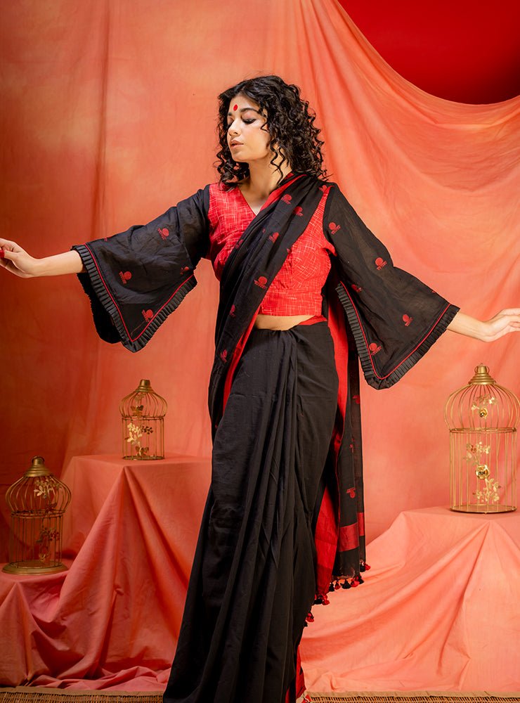 flared saree | festive wear for women | red jamdani saree with blouse | Prathaa