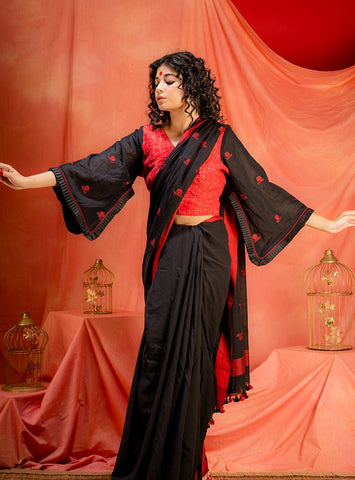 flared saree | festive wear for women | red jamdani saree with blouse | Prathaa