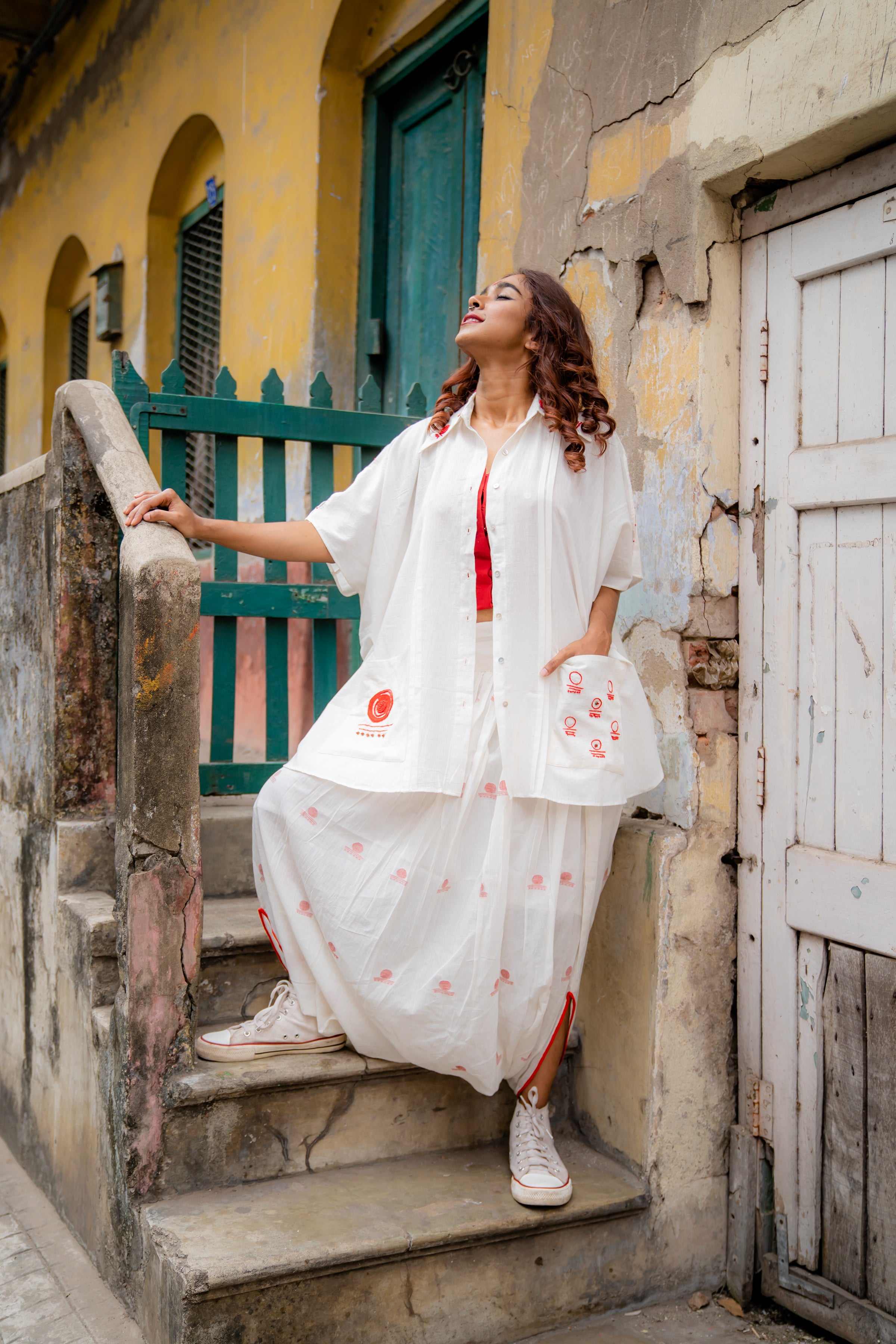 White Jamdani handloom cotton kaftan and dhoti set from Prathaa's Shvet collection, styled for Independence Day