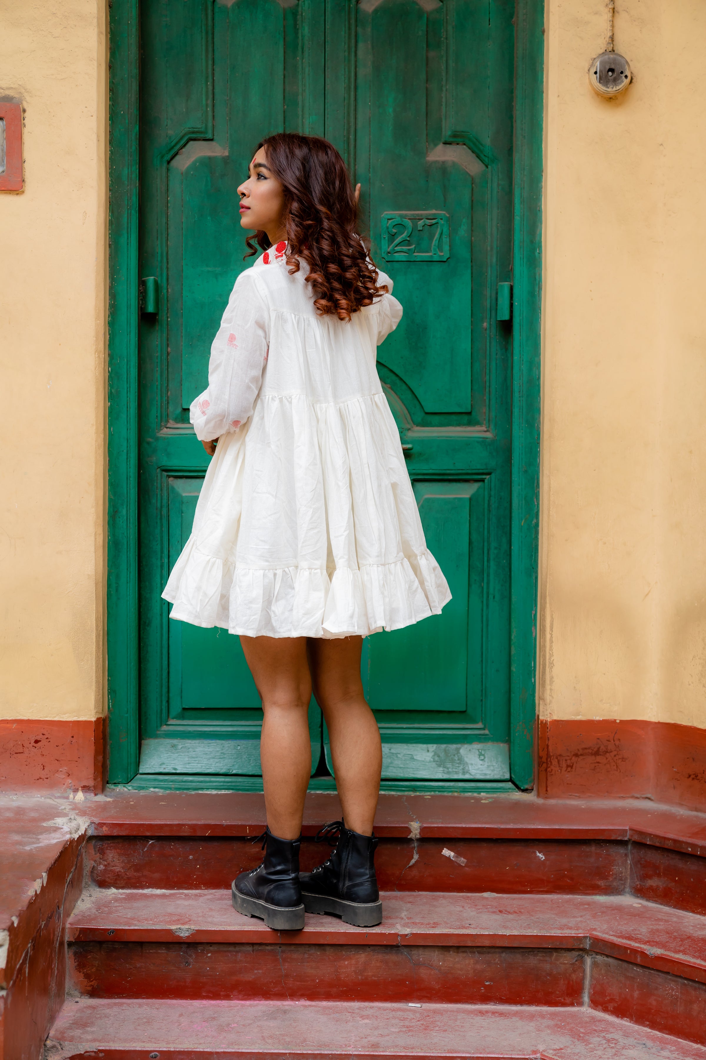 SHVET- TIERED Handloom Cotton Bishop White DRESS