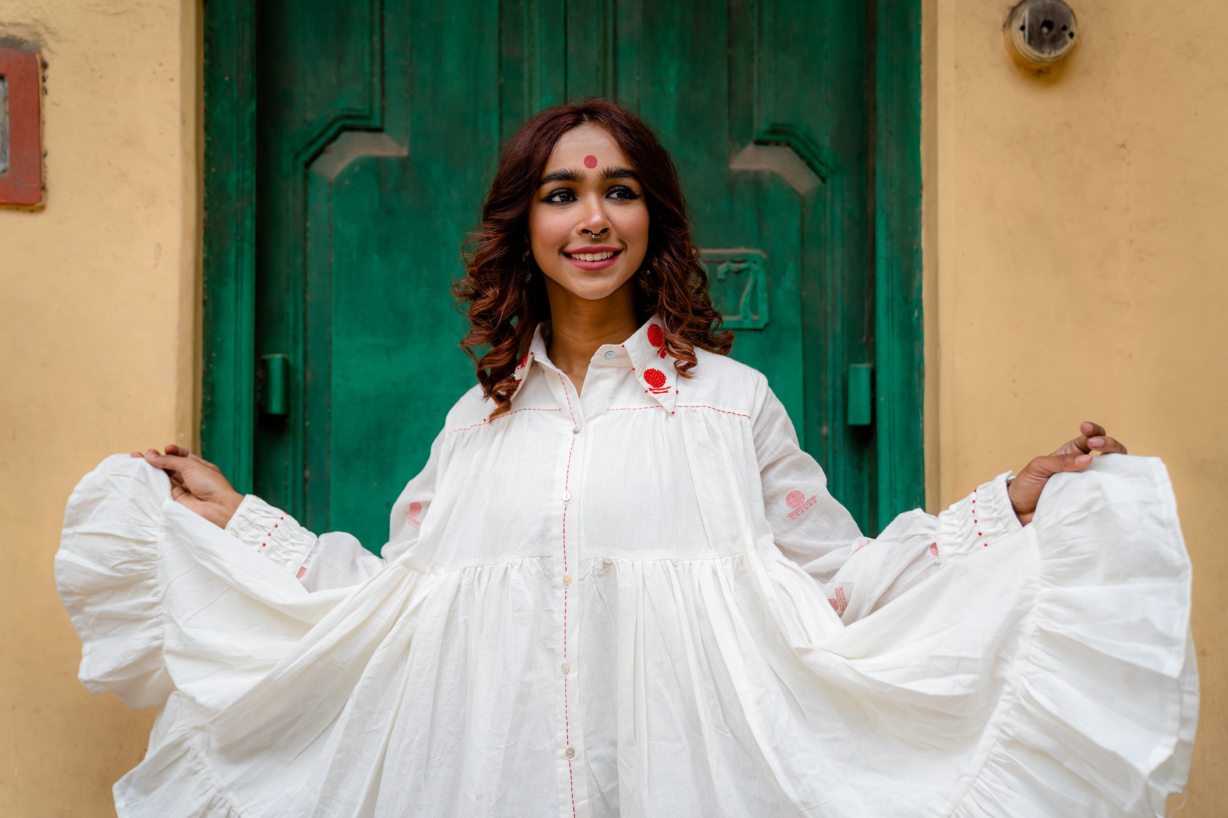 SHVET- TIERED Handloom Cotton Bishop White DRESS