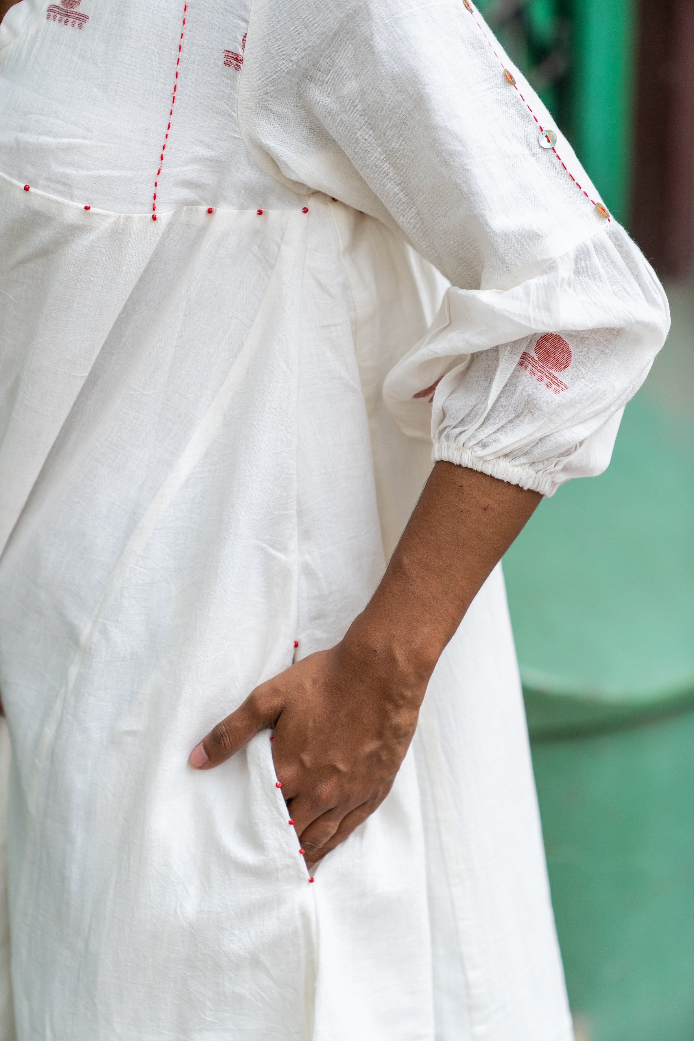 Shvet A-line Panelled Handloom White Cotton Dress