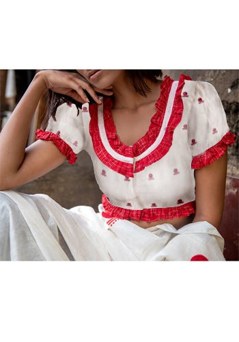 White Bindi Jamdani Blouse With Frills - Prathaa - weaving traditions | festival wear women | blouse for jamdani saree
