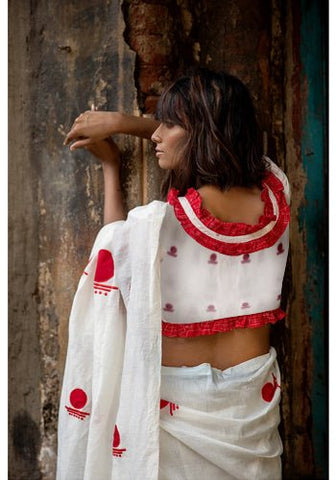 White Bindi Jamdani Blouse With Frills - Prathaa - weaving traditions | diwali wear for ladies | blouse with jamdani saree