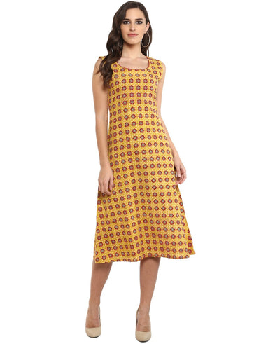 Dress - Yellow Printed A-Line Dress in Handloom Cotton - Prathaa