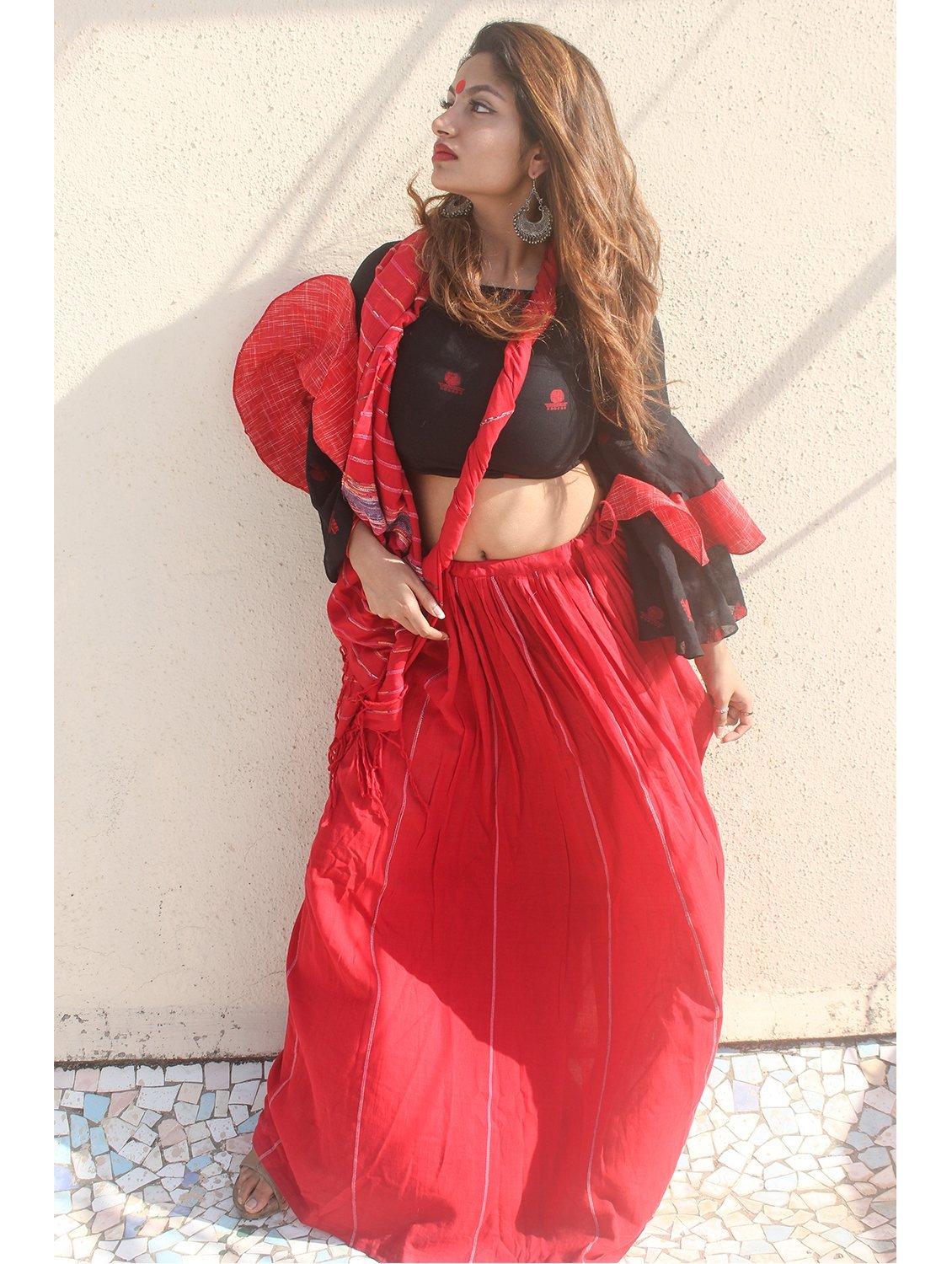 Black Three Tier Flare Sleeves Blouse in Jamdani Fabric - Prathaa - weaving traditions | Handloom Blouse