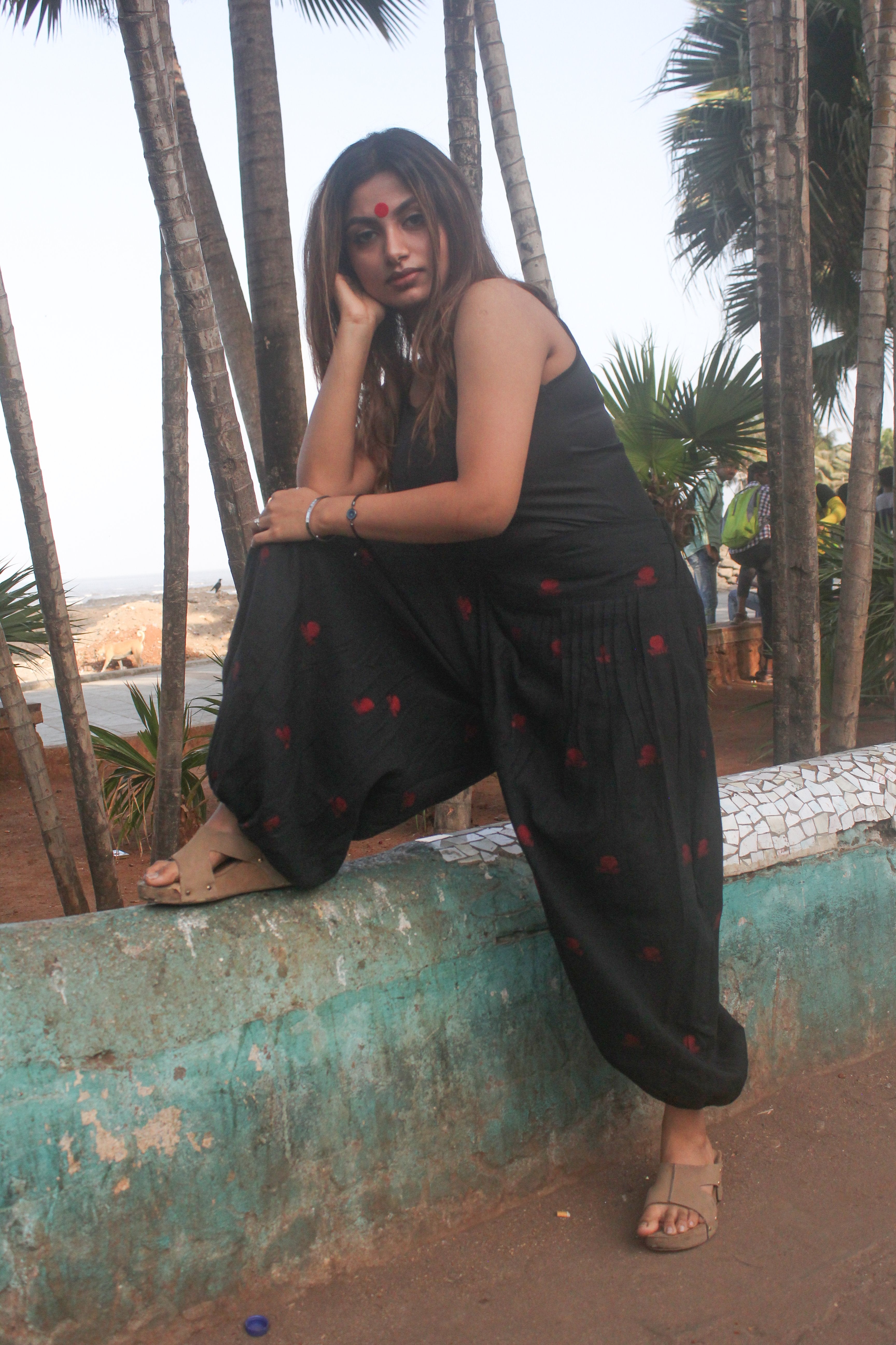 Black Flared Harem Pant in Jamdani Fabric - Prathaa - weaving traditions