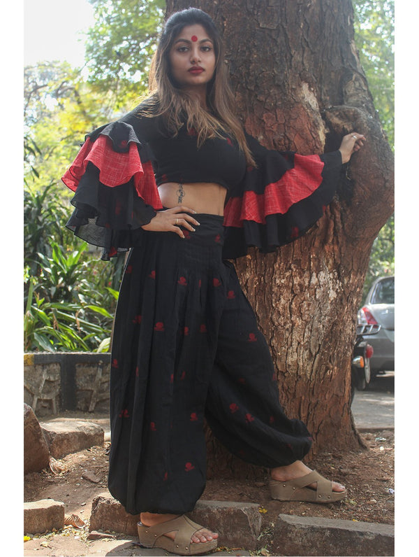 Black Three Tier Flare Sleeves Blouse in Jamdani Fabric - Prathaa - weaving traditions| festival outfits