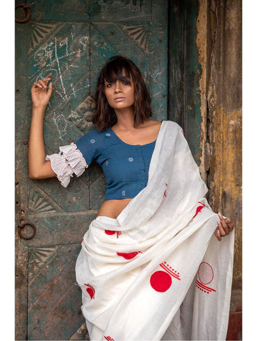 "Nodi" Two Layer Frill Jamdani Blouse - Prathaa - weaving traditions | Handloom top and Handloom Blouse
