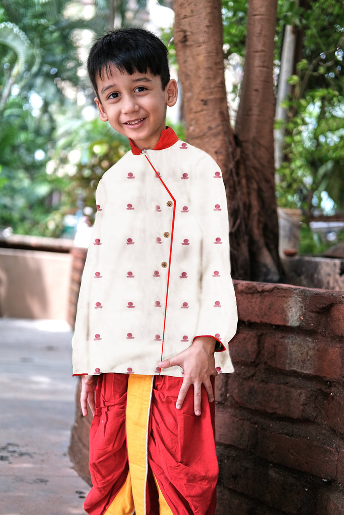 Kids White Bindi Kurta Dhoti Set - Prathaa - weaving traditions