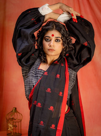 Jamdani Balloon sleeves blouse with Jamdani Bindi saree | Prathaa | festive wear for women | puff sleeve tops