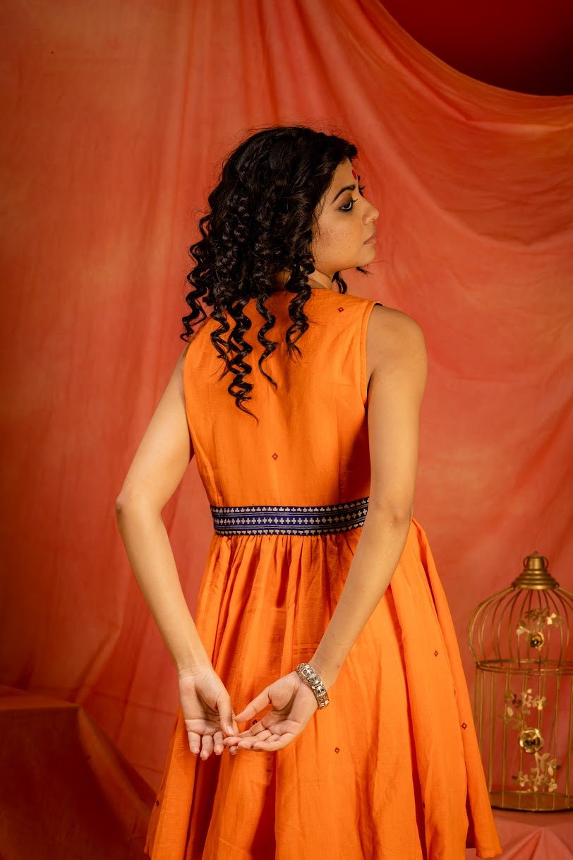 Saanjh- Orange Kotpad Handloom Cotton dress | Prathaa