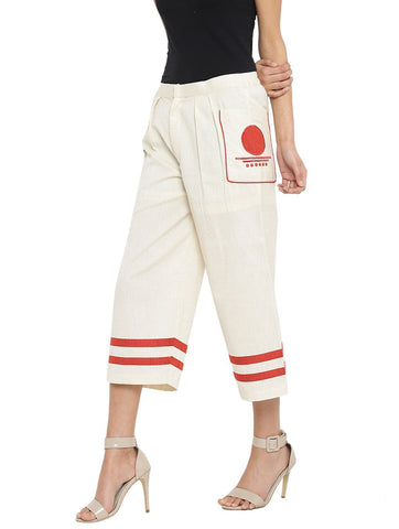 Off White Handloom Culottes With  Bindi Patch Pocket - Prathaa - weaving traditions