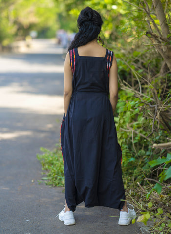Black Handloom Jumpsuit with Gamcha detailing - Prathaa - weaving traditions
