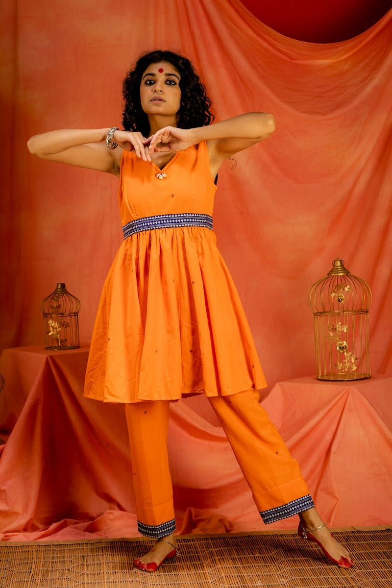 Orange Kotpad Straight Pants with Borders - Saanjh thumbnail 3